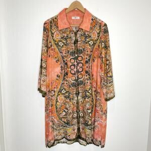 Natural Life Fiona Tunic Dress Boho Womens Large Orange Coral Floral 3/4 Sleeve